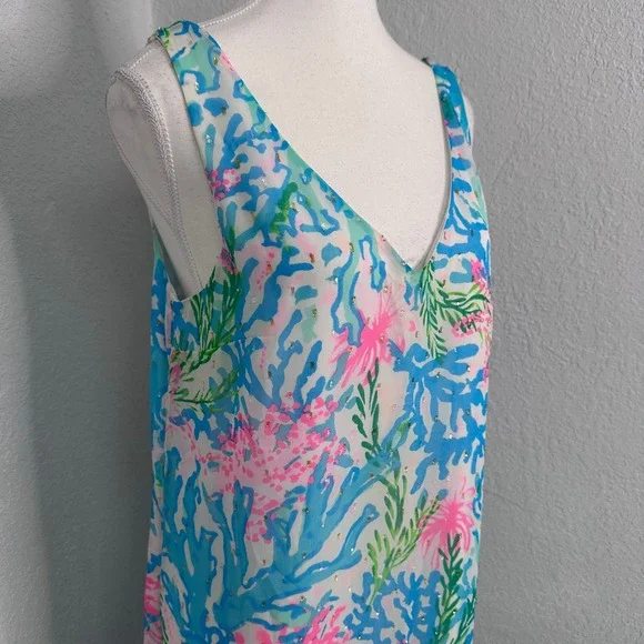 Lilly Pulitzer Lani Blue Pink Coral Metallic Maxi Dress Womens Medium - Picture 3 of 10